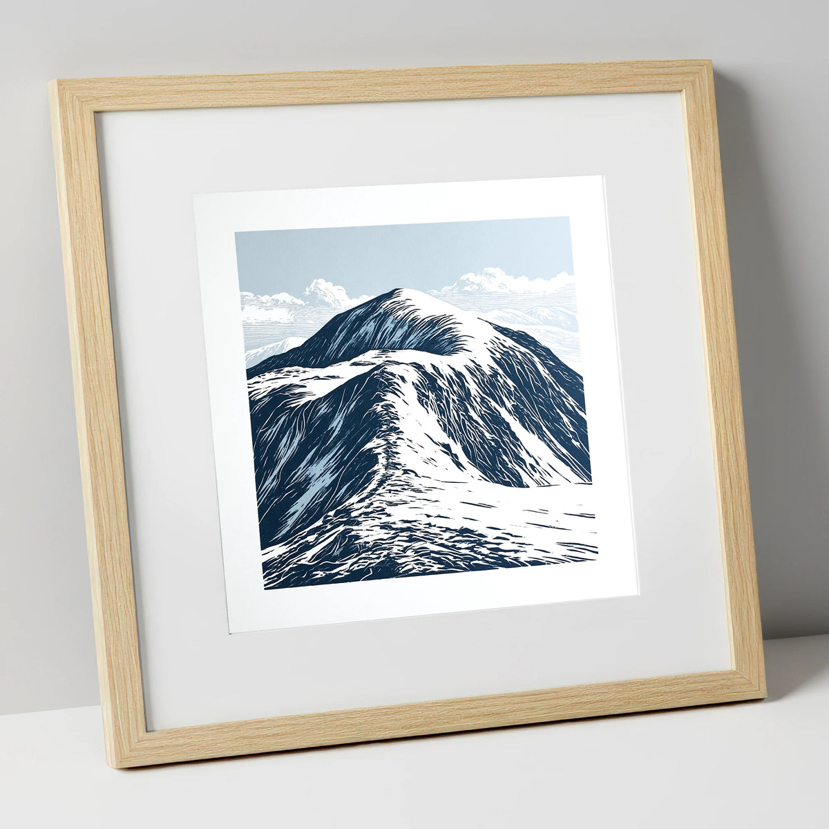 Graphic Snow on Helvellyn Ridge lake district fell art print in natural frame