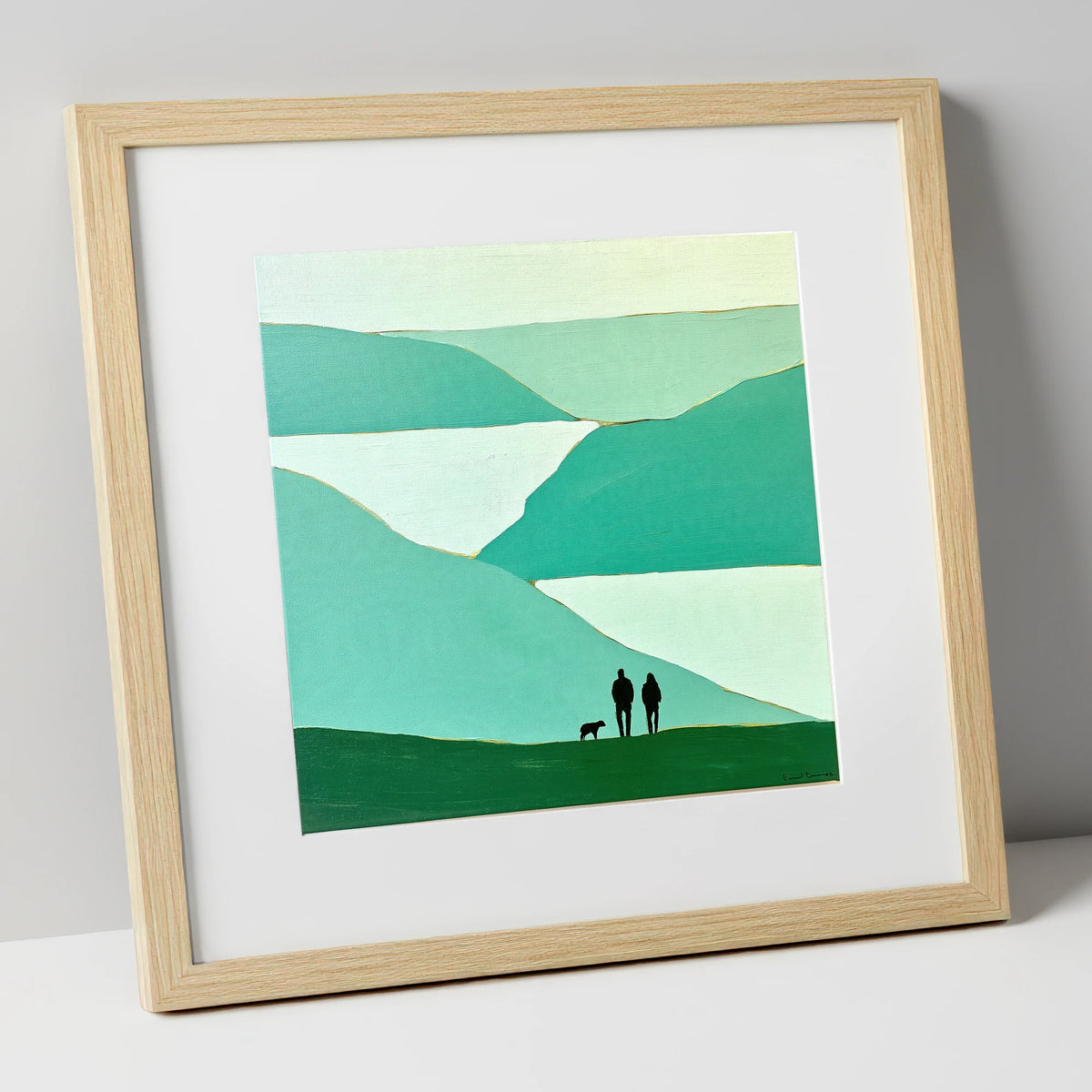 Glenridding Walkers in Teal Fells gifts for dog walkers art print in natural frame