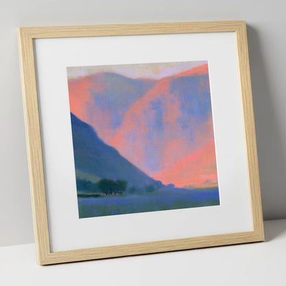 Pink Twilight Fell Valley lake district valley art print in natural frame