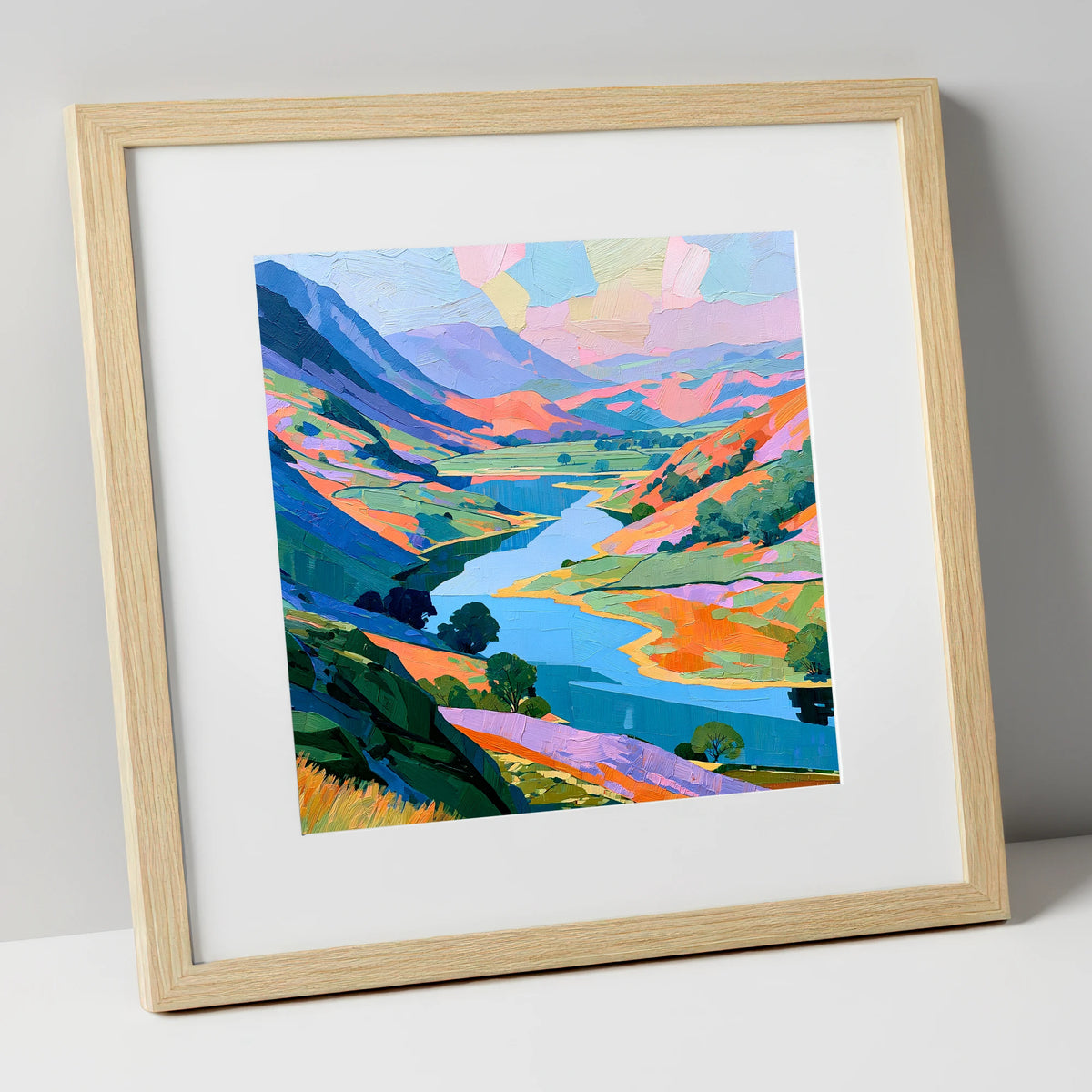 Vibrant Valley Lake and Fells lake district lake art print in natural frame