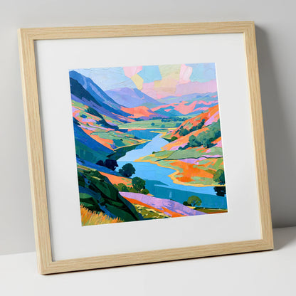 Vibrant Valley Lake and Fells lake district lake art print in natural frame