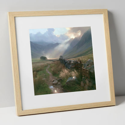 Valley Drystone Wall Under Sunburst lake district valley art print in natural frame