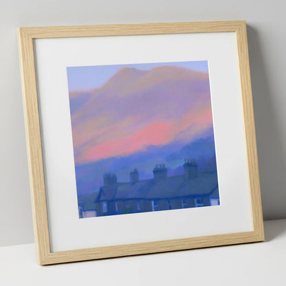 Skiddaw and Keswick Pastel Twilight lake district village art print in natural frame
