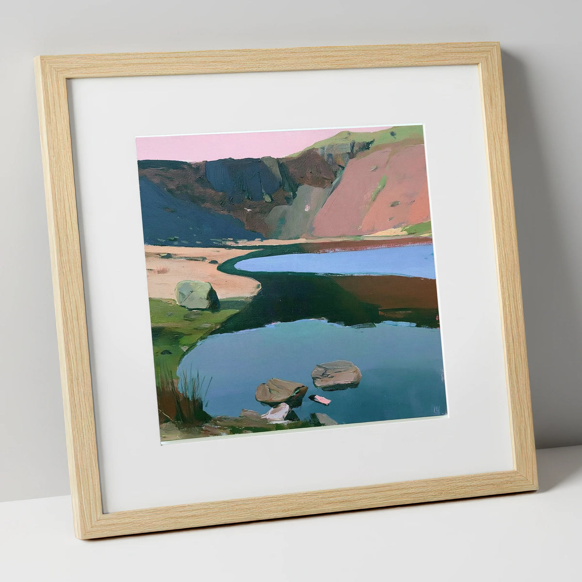 Blush Sky Over Easedale Tarn lake district lake art print in natural frame