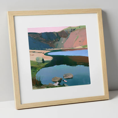 Blush Sky Over Easedale Tarn lake district lake art print in natural frame