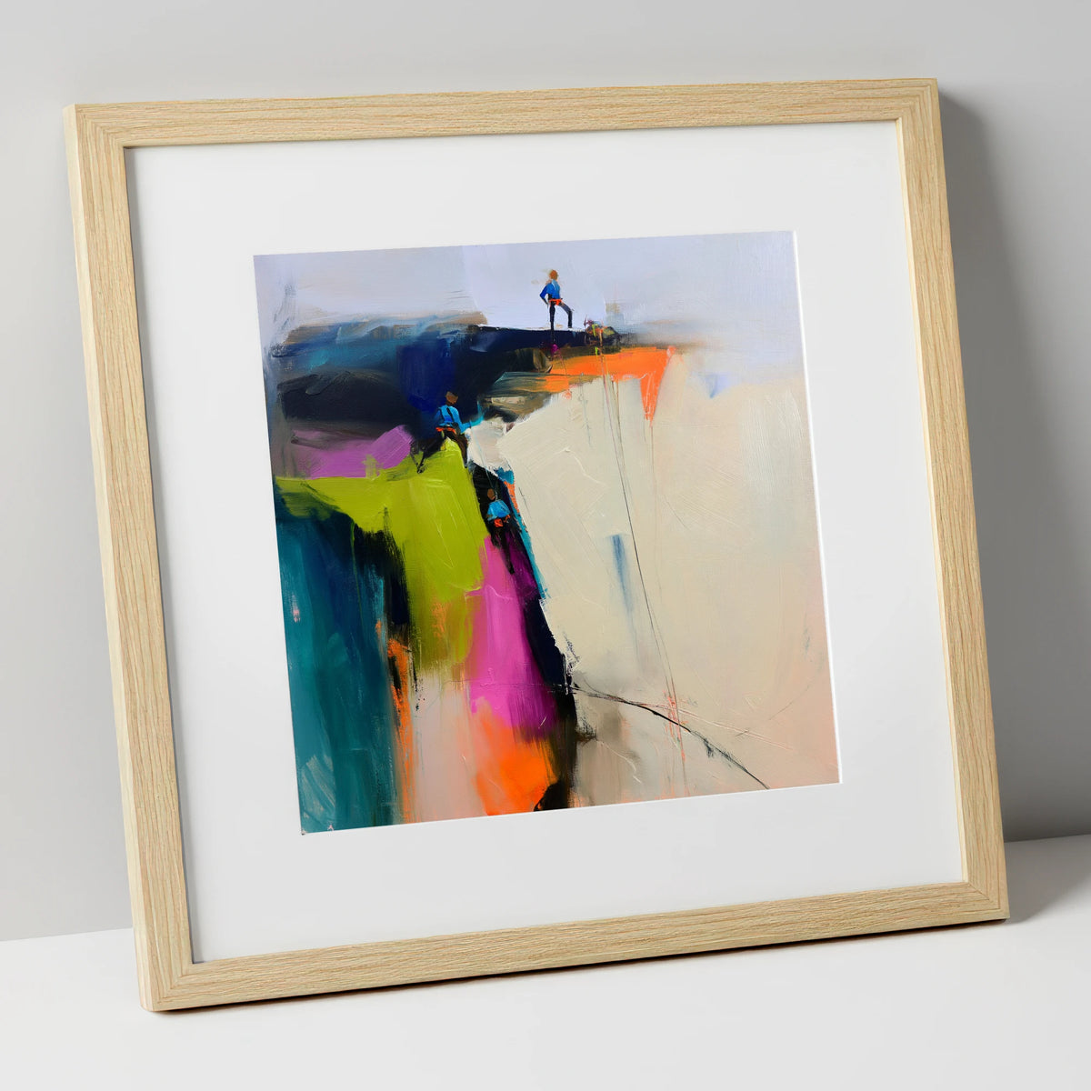 Abstract Climbers on a Crag lake district walking art print in natural frame