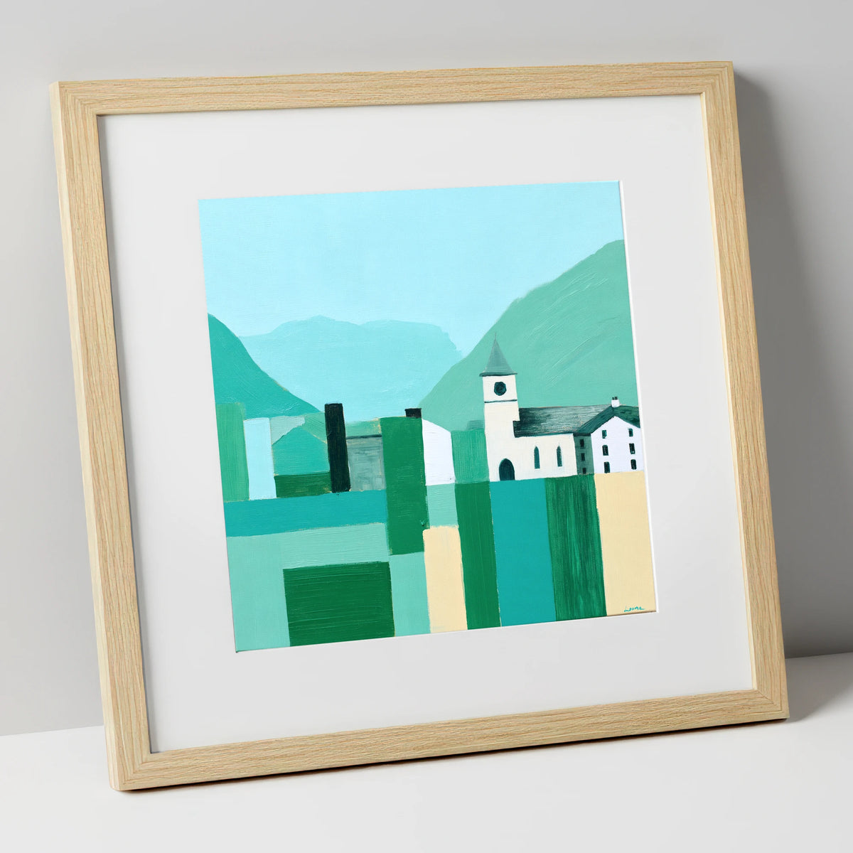 Keswick Townscape in Bold Greens lake district village art print in natural frame
