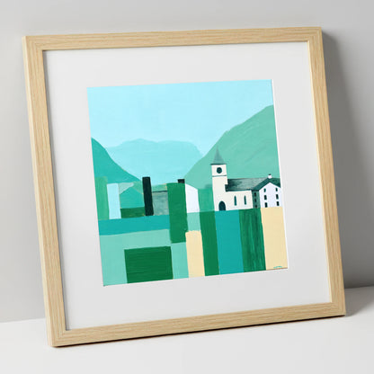 Keswick Townscape in Bold Greens lake district village art print in natural frame
