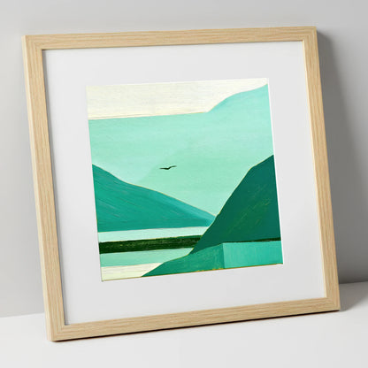 Teal Dawn Mist in Borrowdale lake district sky art print in natural frame