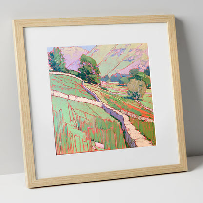Vivid Drystone Wall Through Valley lake district valley art print in natural frame