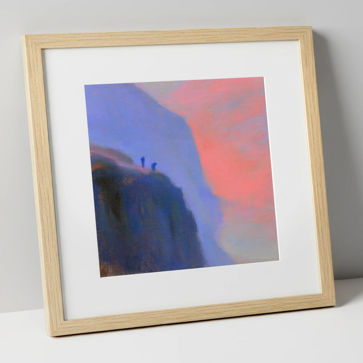 Crag Climbers in Pink Twilight lake district walking art print in natural frame