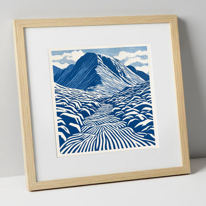 Bold Blue Great Gable lake district fell art print in natural frame