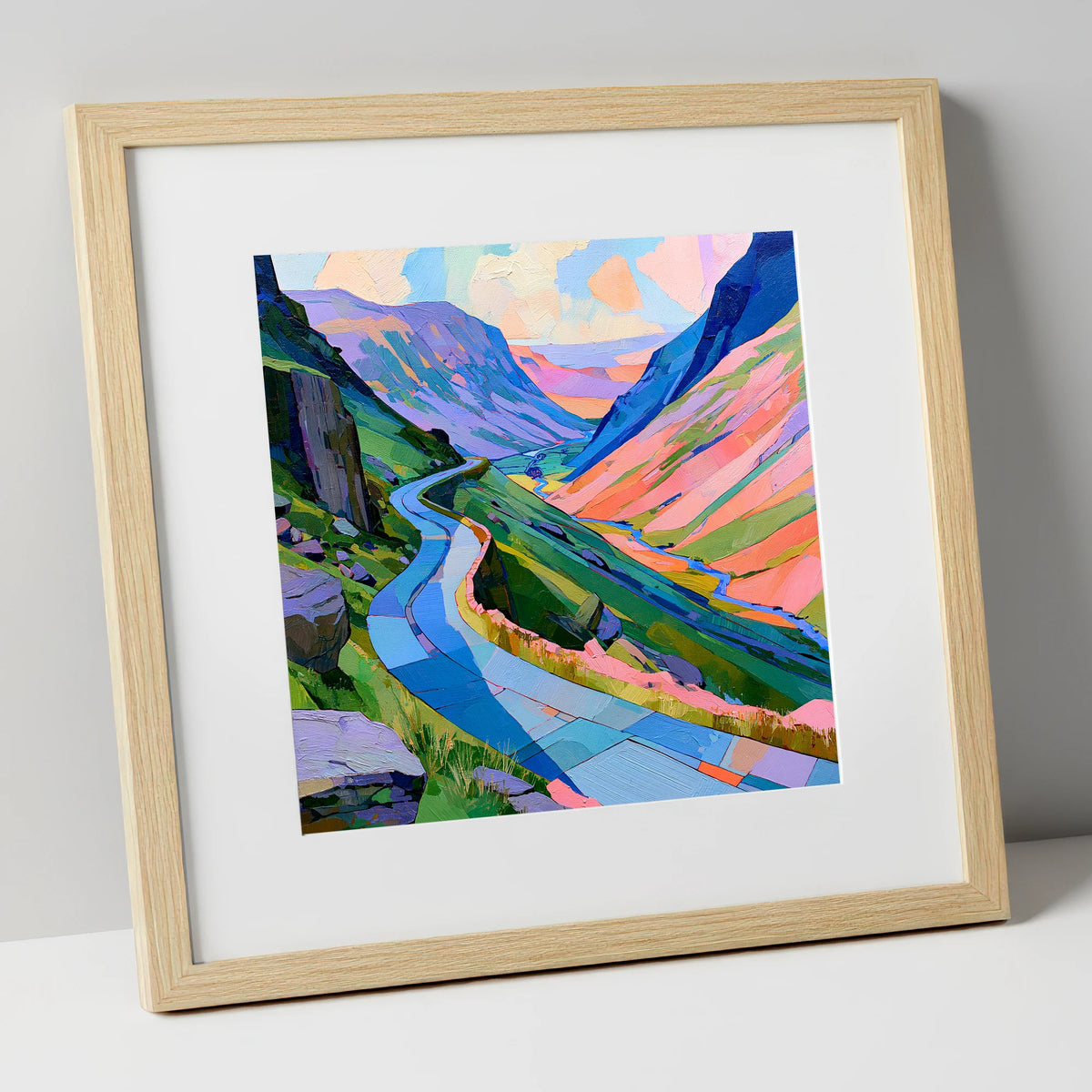 Colourful Winding Mountain Pass lake district valley art print in natural frame