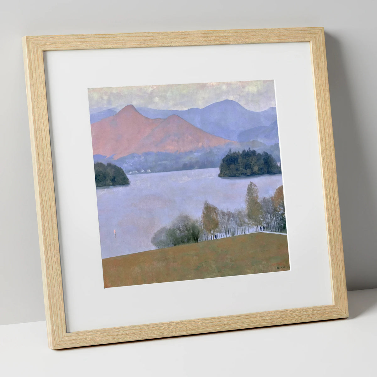 Derwentwater Dusk from Crow Park lake district village art print in natural frame