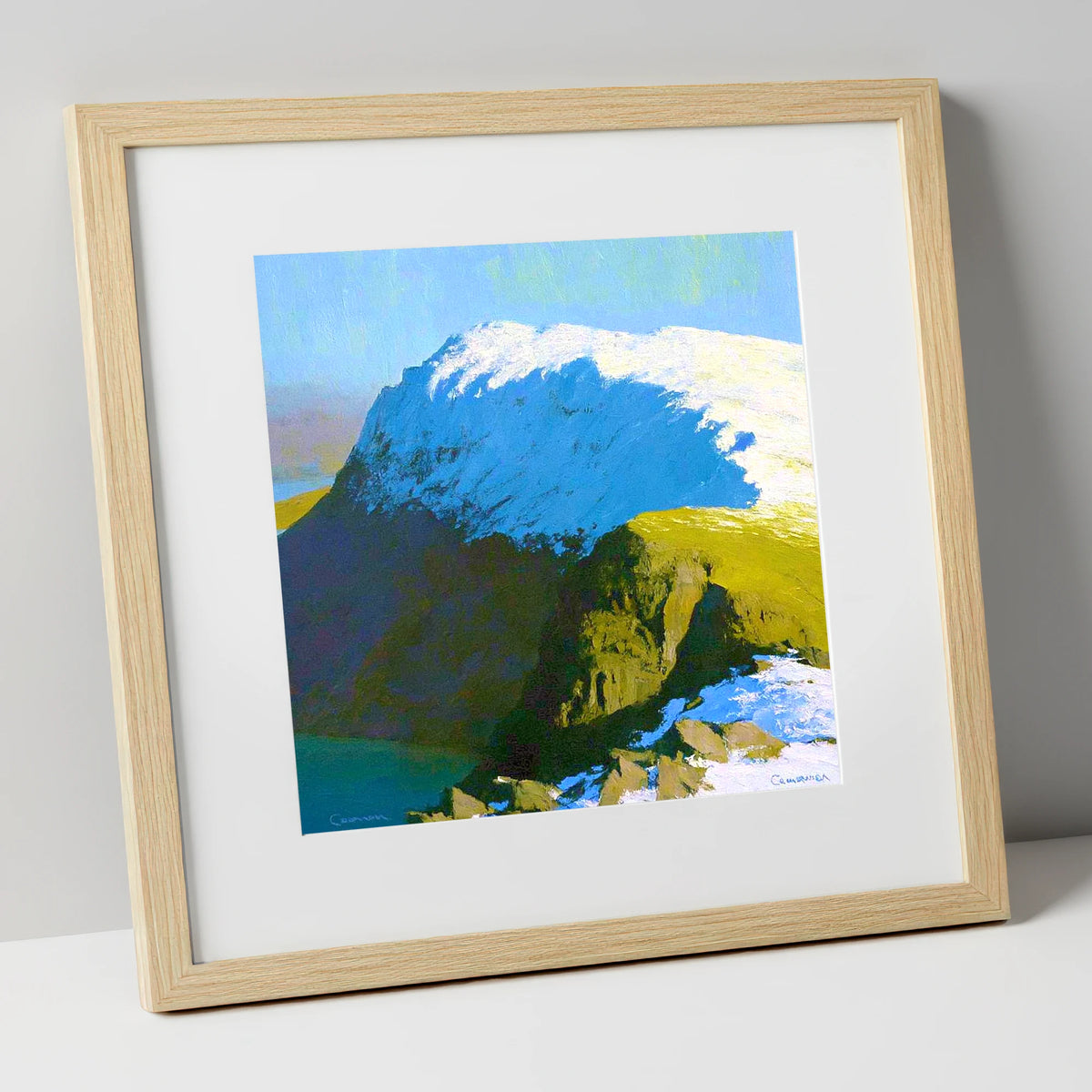 Snowy Ridge on Grey Friar lake district fell art print in natural frame