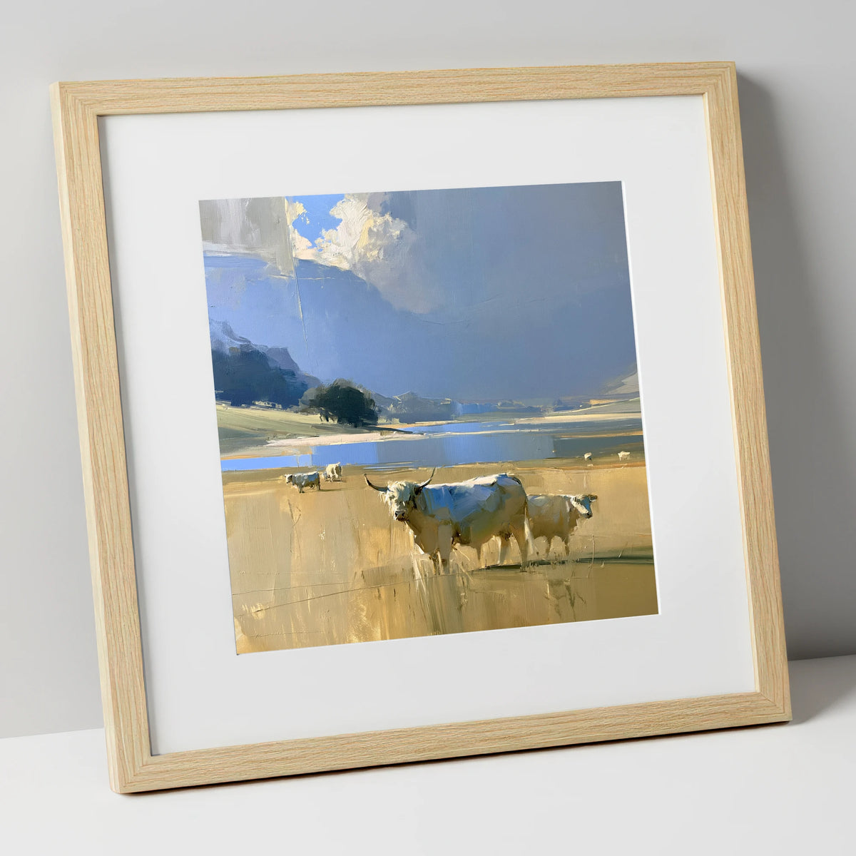 Highland Cattle Before Moody Fells lake district wildlife art print in natural frame