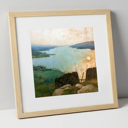 Lake Windermere in Golden Haze lake district lake art print in natural frame