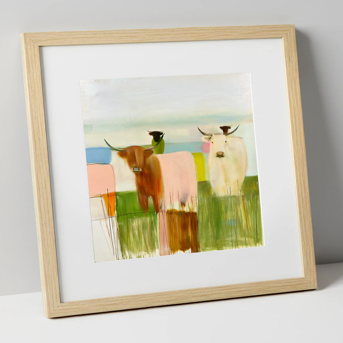 Highland Cattle in Abstract Pastels lake district wildlife art print in natural frame
