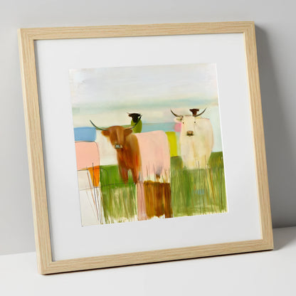 Highland Cattle in Abstract Pastels lake district wildlife art print in natural frame