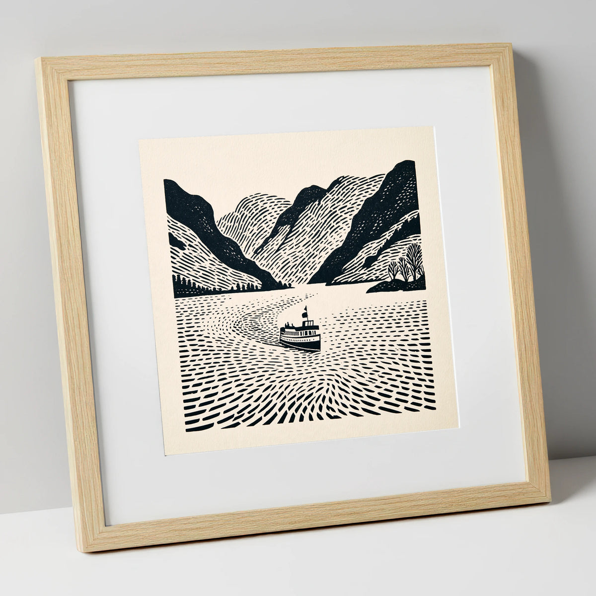 Ullswater Steamer on Swirling Waters lake district lake art print in natural frame
