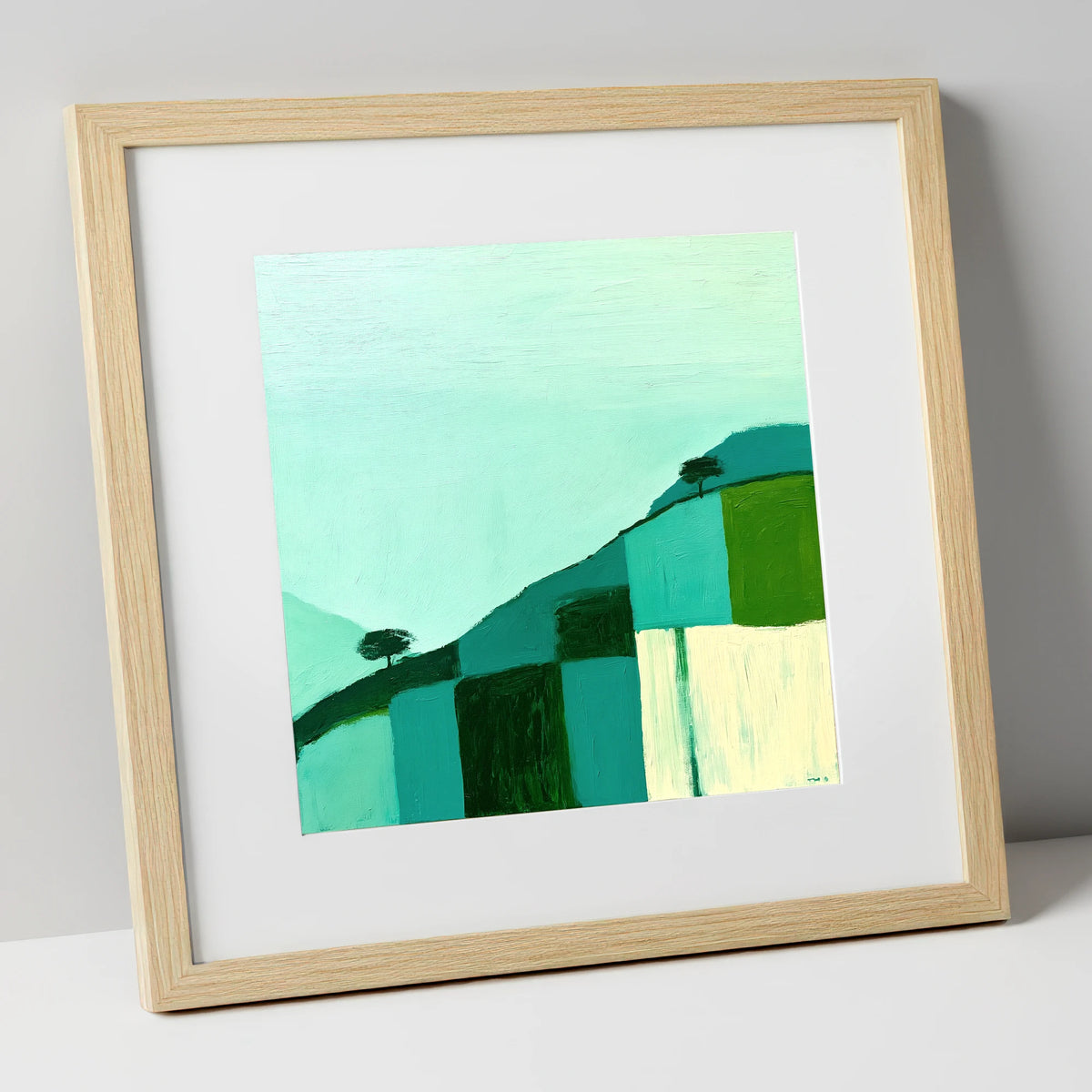 Misty Teal Mountain Ridge lake district fell art print in natural frame