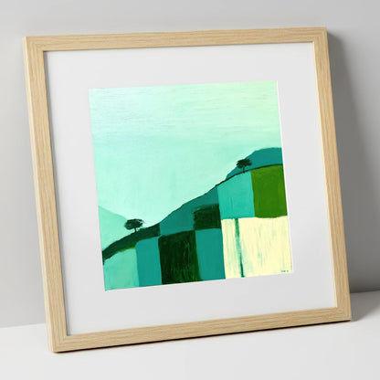 Misty Teal Mountain Ridge lake district fell art print in natural frame