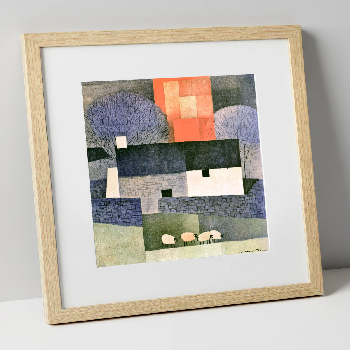 Stone Cottage in Bold Terracotta lake district village art print in natural frame