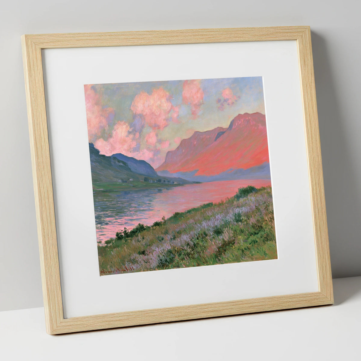 Mountain Lake in Pink Sunset lake district lake art print in natural frame