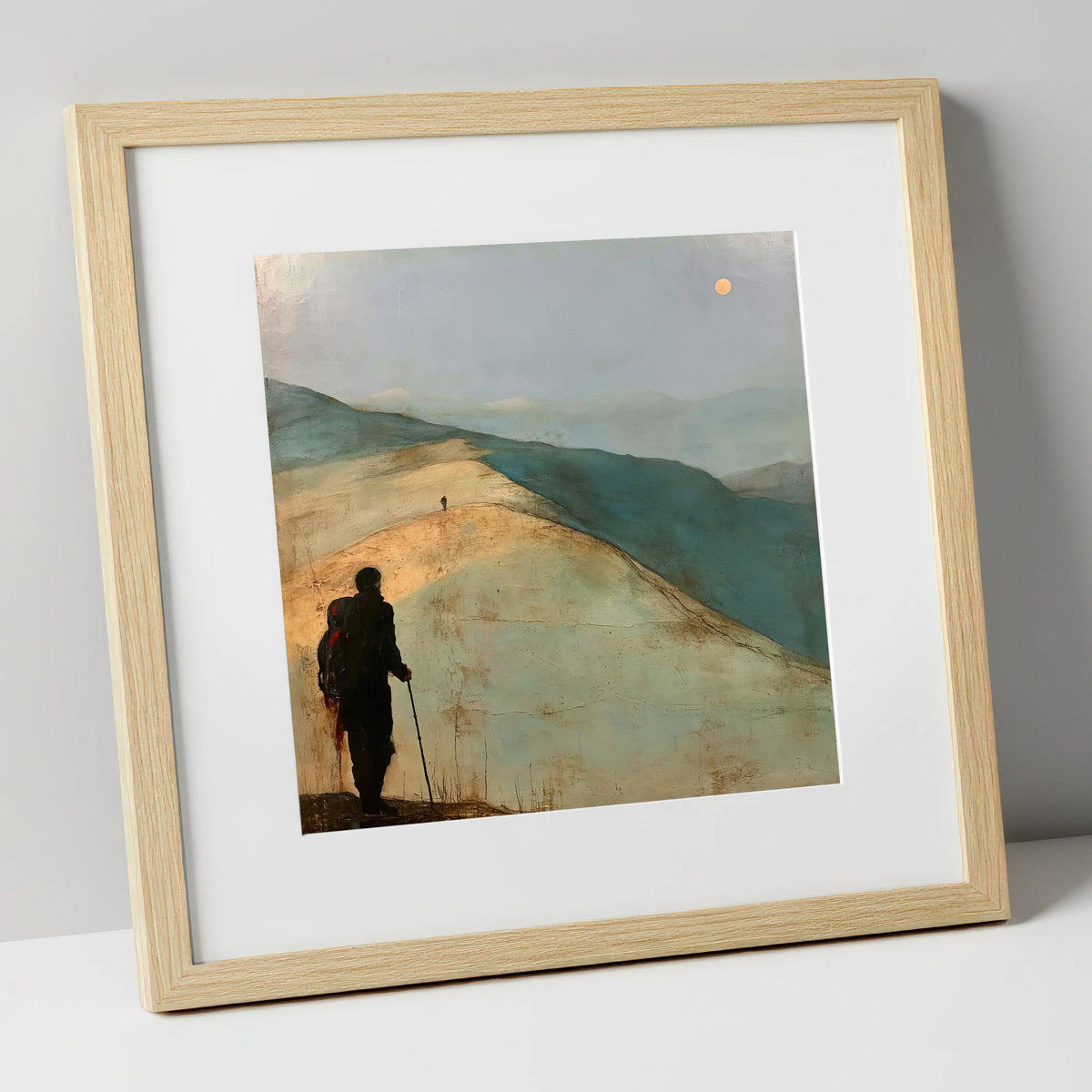 Fell Walker on the Golden Ridge lake district walking art print in natural frame