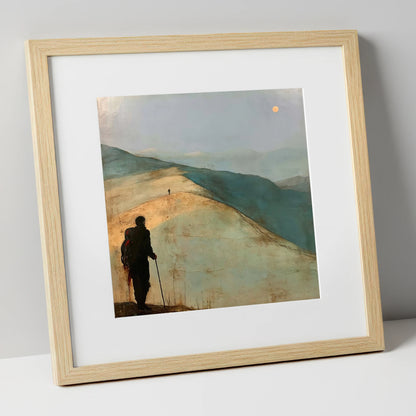 Fell Walker on the Golden Ridge lake district walking art print in natural frame