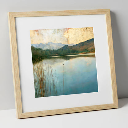 Elterwater Beneath a Golden Sky lake district lake art print in natural frame