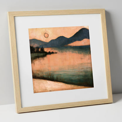 Terracotta Sunset Over Lakeland Water lake district lake art print in natural frame