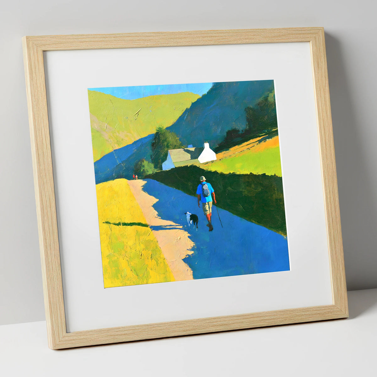Sunlit Walker and Dog Near Patterdale gifts for dog walkers art print in natural frame
