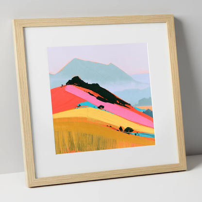 Vibrant Pink Mountain Ridge lake district fell art print in natural frame