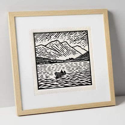 Coniston Water in Bold Monochrome lake district lake art print in natural frame