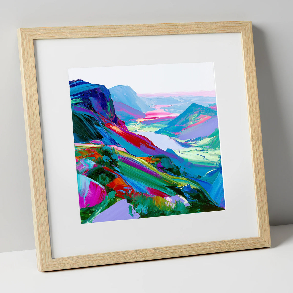 Vibrant Summit Valley View lake district fell art print in natural frame