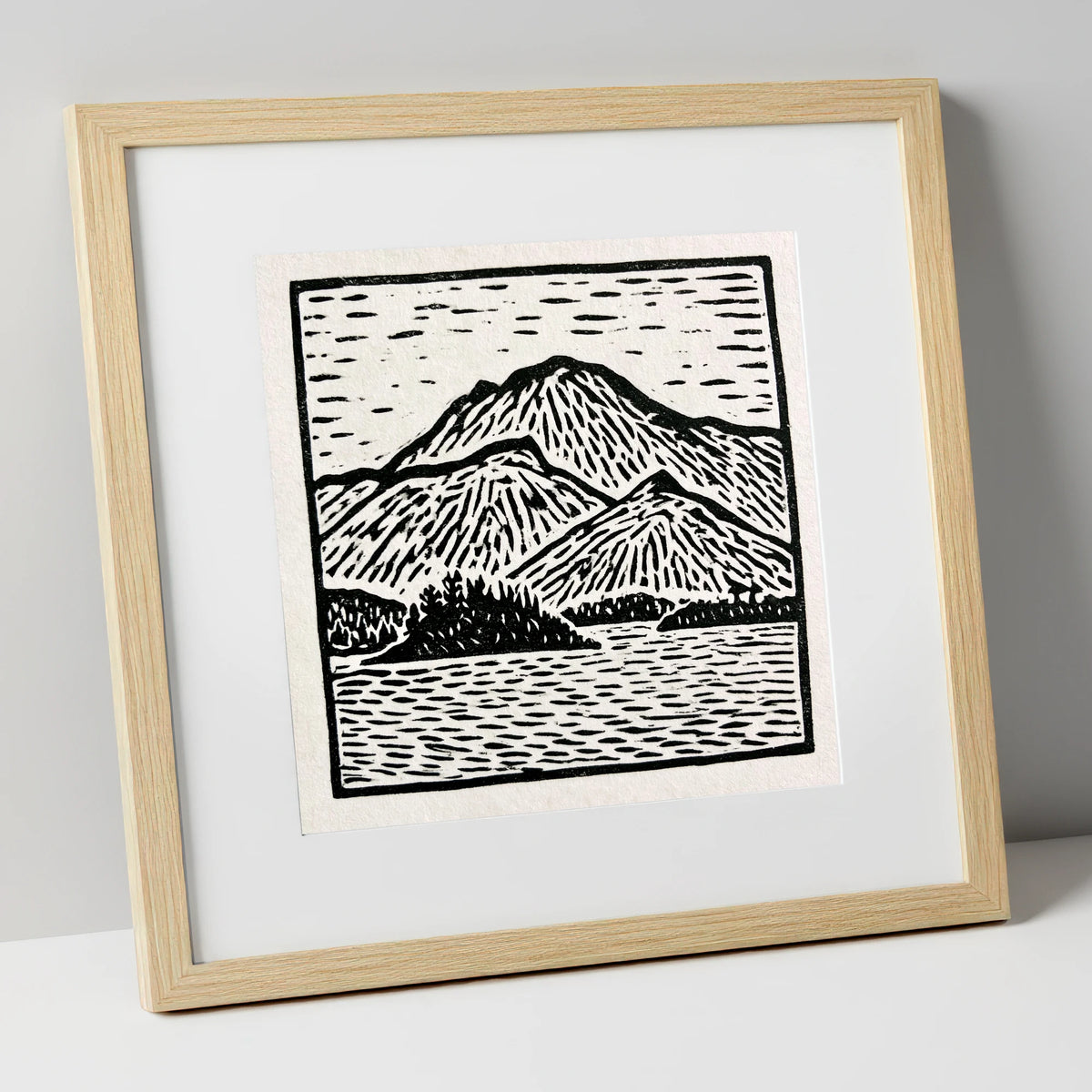 Graphic Monochrome Catbells Ridge lake district fell art print in natural frame