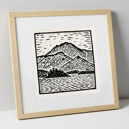 Graphic Monochrome Catbells Ridge lake district fell art print in natural frame