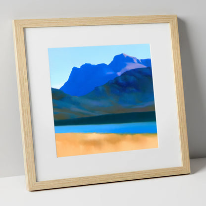 Bold Blue Langdale Pikes lake district fell art print in natural frame