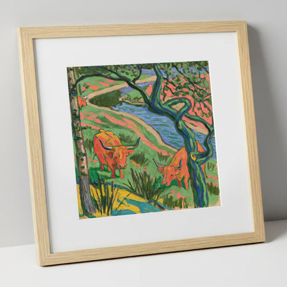 Vibrant Highland Cattle by the Beck lake district wildlife art print in natural frame
