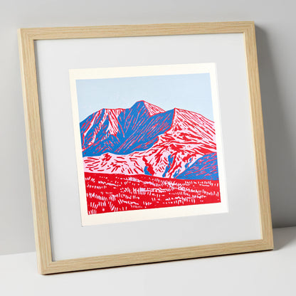 Graphic Red and Blue Helvellyn lake district fell art print in natural frame