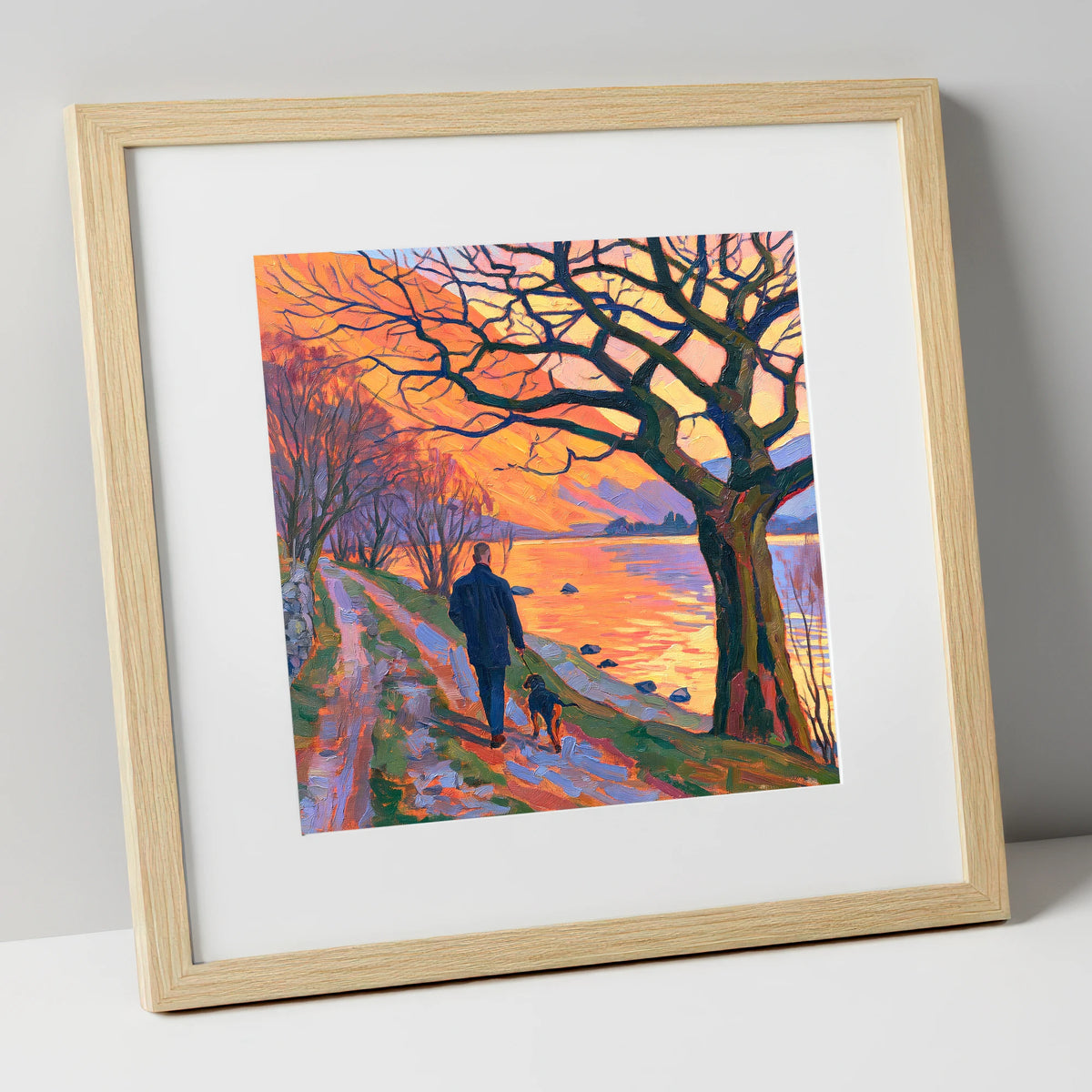 Vibrant Glenridding Sunset Dog Walk gifts for dog walkers art print in natural frame