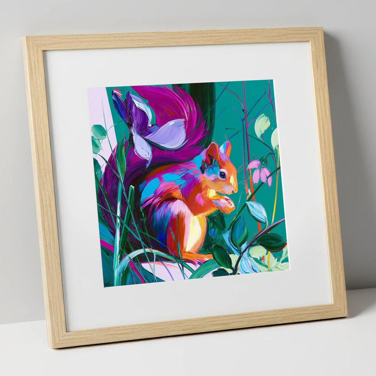 Vibrant Red Squirrel in Woodland lake district wildlife art print in natural frame