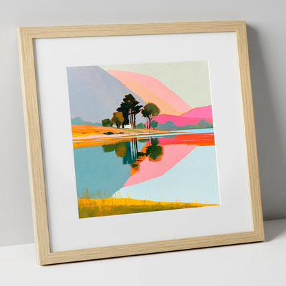 Pink Fells and Lake Reflections lake district lake art print in natural frame