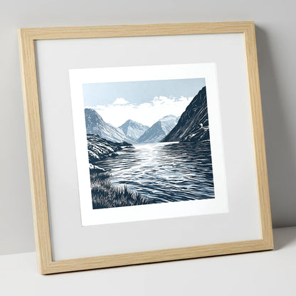 Wasdale Fells In Deep Navy lake district valley art print in natural frame