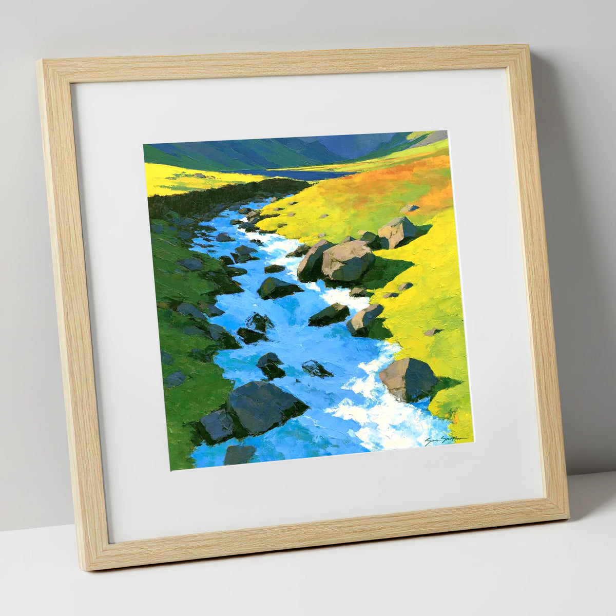 Cobalt Blue Fellside Beck lake district waterfall art print in natural frame