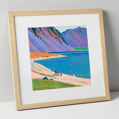 Colourful Wast Water Dog Walk gifts for dog walkers art print in natural frame