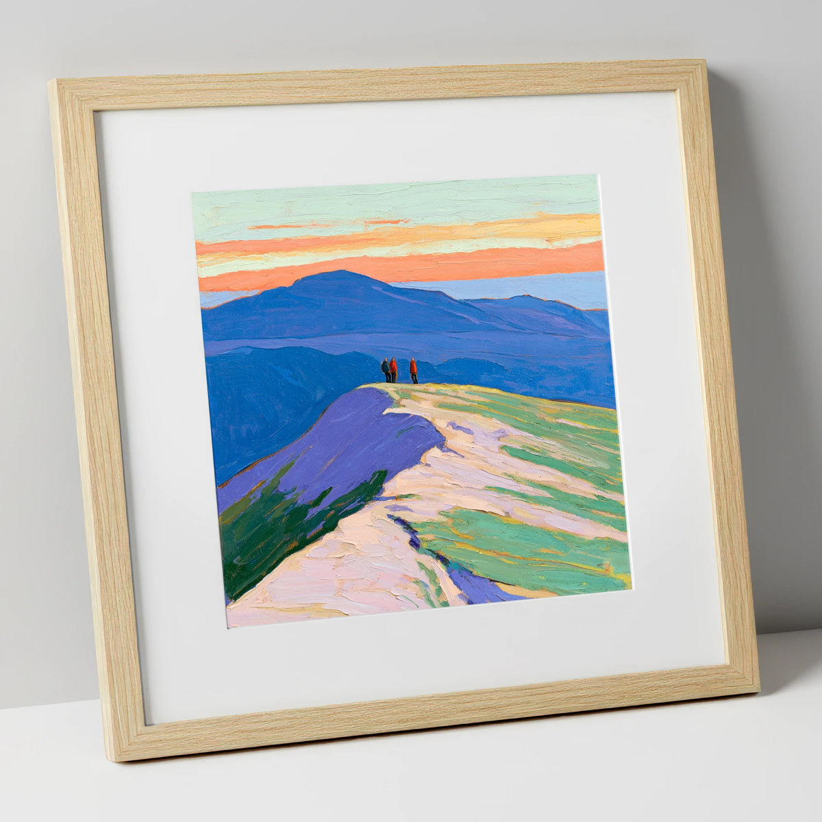 Fell Top Hikers At Sunset lake district fell art print in natural frame