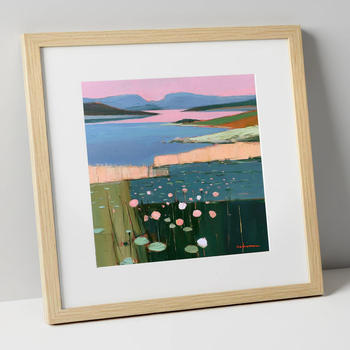 Lake Fells Under Pink Sky lake district lake art print in natural frame