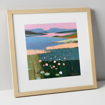 Lake Fells Under Pink Sky lake district lake art print in natural frame